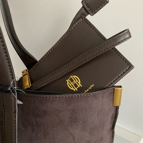 🆕 House of Harlow 1960 Brown faux Suede Luxe Tote & Wristlet Shoulder Bag Set - Picture 3 of 15